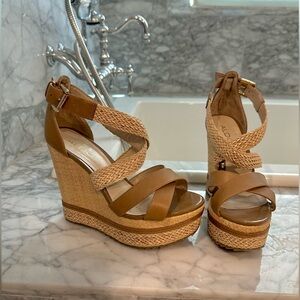 Aldo Brown and Tan Raffia Platform Wedge Sandals 7